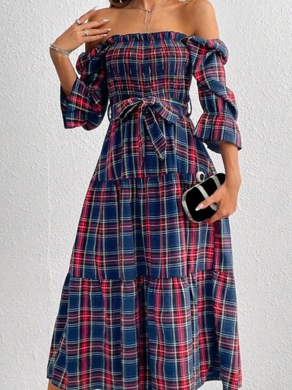 Off-Shoulder Navy and Red Plaid Flannel Dress with Tie Waist
